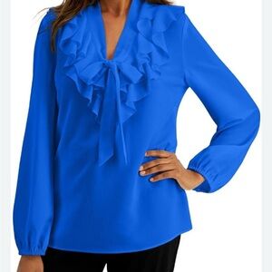 Kasper Vibrant Blue Ruffle Front Blouse